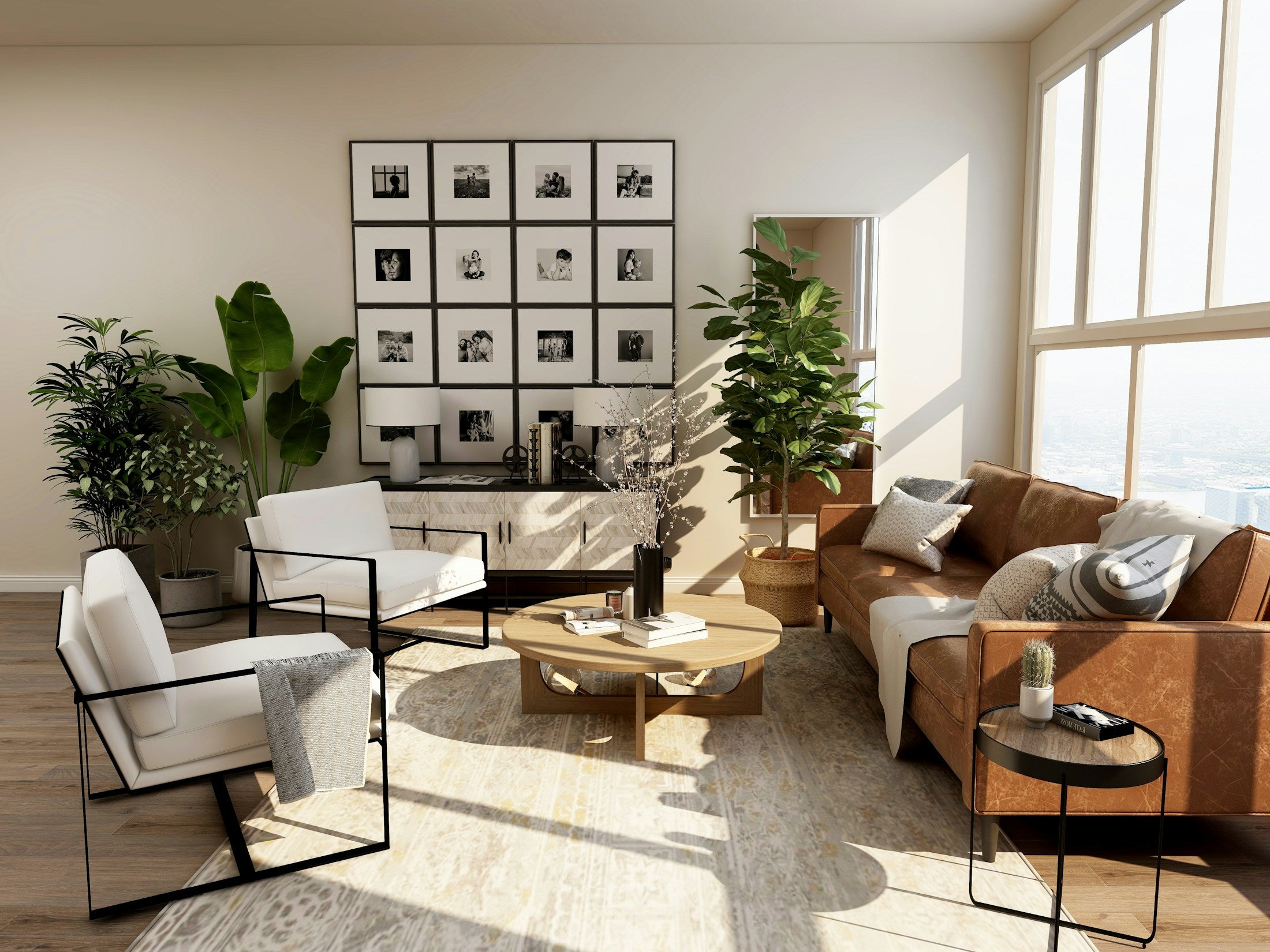 Sunlit living room with warm leather seating and abundant greenery