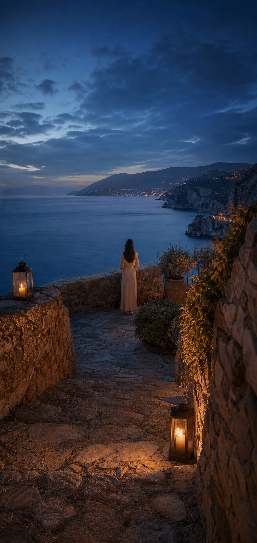 A traveller overlooking a dramatic Mediterranean coastline from a lantern-lit stone terrace at blue hour